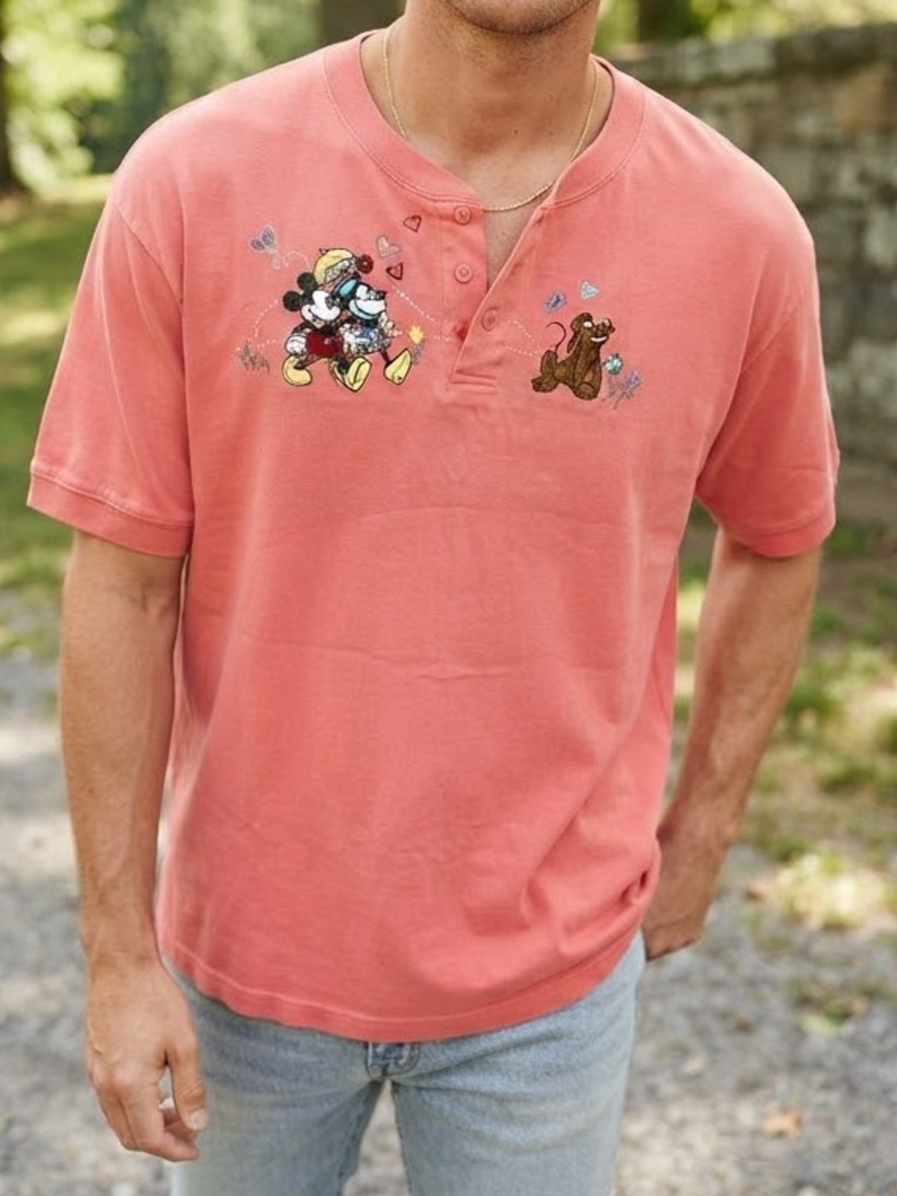 Disney Coral Short-Sleeve Henley with Mickey Embroidery